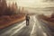 A cyclist rides on an asphalt road against the backdrop of a dull autumn landscape. Generative AI