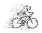 A cyclist rides a bicycle particle divergent silhouette. Vector on white background