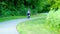 A cyclist rides a bike on a curved and paved bicycle path near trees.