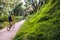 A cyclist rides a path through bushes and tall trees as a healthy activity on the weekend