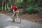 A cyclist rides on a road bicycle on road in woods