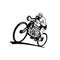 Cyclist Riding Bicycle with Eight-Cylinder Piston Engine or V8 Engine Retro Black and White