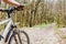 Cyclist riding mountain bike on forest trail