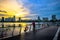 Cyclist at Riverside Walk of Singapore Sports Hub during sunset. It is a sports and recreation district in Kallang, Singapore.