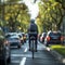 Cyclist road carriageway, shares space with passing cars