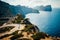 Cyclist on the road in mediterranean landscape. Orange color filter