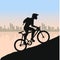 Cyclist in rough road against city landscape. Bicycle racing go to the mountain. bicyclist silhouette.