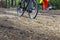 Cyclist rushing along a forest path from sawdust