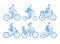 Cyclist set. Active people riding bicycle, adult persons bicyclist in helmet biking. Isolated line vector characters