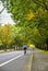 Cyclist in sports clothes enjoying in riding a bicycle passing on the autumn alley preferring active healthy lifestyle