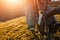 cyclist stand with mountain bike at sunset