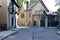 Cyclist, stone building in Old Town Quebec City, Canada, summertime