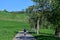 A cyclist on a trail in a beautiful spring landscape in the Odenwald, Germany