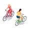 Cyclists on bikes. People riding bikes. Bikers and bicycling. Sport and exercise. Flat 3d vector isometric illustration