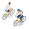 Cyclists on bikes. People riding bikes. Bikers and bicycling. Sport and exercise. Flat 3d vector isometric illustration