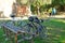 Cyclists in the greenway Los Molinos del Agua in Valverde del Camino, province of Huelva, Spain