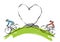 Cyclists in love, mountain bike, line art stylized cartoon.