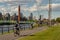 Cyclists and pedestrians along the Lachine Canal in Montreal, Canada