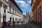 Cyclists in Quito, cathedral, street