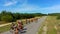 Cyclists ride along the road. Cyclists training