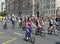 Cyclists ride on the Moscow bicycle around the Garden Ring.