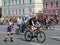 Cyclists ride on the Moscow bicycle around the Garden Ring.