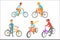 Cyclists riding bike set for label design. Lifestyle, sport, cycling, riding, relax. Colorful cartoon detailed