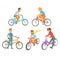 Cyclists riding bike set for label design. Lifestyle, sport, cycling, riding, relax. Colorful cartoon detailed