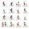 Cyclists set. Happy people riding bicycle family ride tandem bikes children woman men sports gear outdoor activity