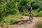 Cyclists traveling on challenging trails on mountain bikes