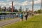 Cyclists and walkers along the Lachine Canal in Montreal, Canada