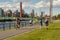 Cyclists and walkers along the Lachine Canal in Montreal, Canada