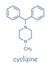 Cyclizine antiemetic drug molecule. Antihistamine used to treat nausea and vomiting. Skeletal formula.