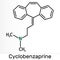 Cyclobenzaprine, molecule. It is centrally-acting muscle relaxant. Skeletal chemical formula