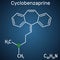 Cyclobenzaprine, molecule. It is centrally-acting muscle relaxant. Structural chemical formula on the dark blue background
