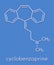 Cyclobenzaprine muscle spasm drug molecule. Skeletal formula.