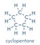 Cyclopentane cycloalkane molecule. Used in refrigerators and freezers and for many other purposes. Skeletal formula.