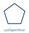 Cyclopentane cycloalkane molecule. Used in refrigerators and freezers and for many other purposes. Skeletal formula.