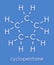 Cyclopentane cycloalkane molecule. Used in refrigerators and freezers and for many other purposes. Skeletal formula.