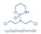 Cyclophosphamide cancer chemotherapy drug molecule. Belongs to nitrogen mustard alkylating agents class of cancer drugs. Skeletal.