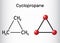 Cyclopropane cycloalkane molecule. It is an inhalation anaesthetic. Sheet of paper in a cage.Structural chemical formula and