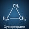 Cyclopropane cycloalkane molecule. It is an inhalation anaesthetic. Structural chemical formula on the dark blue background