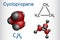 Cyclopropane cycloalkane molecule. It is an inhalation anaesthetic. Structural chemical formula and molecule model