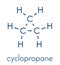 Cyclopropane cycloalkane molecule. Used as anaesthetic. Skeletal formula.