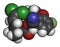 Cyfluthrin insecticide molecule. 3D rendering. Atoms are represented as spheres with conventional color coding: hydrogen white,.