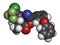 Cyhalothrin insecticide molecule. 3D rendering. Atoms are represented as spheres with conventional color coding: hydrogen white.