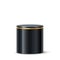 Cylinder podium with golden frame vector illustration. 3D realistic empty black platform pedestal for product display in