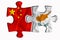 Cyprus flag and China of America flag on two puzzle pieces on white isolated background. The concept of political relations. 3D