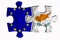 Cyprus flag and European Union flag on two puzzle pieces on white isolated background. The concept of political relations. 3D