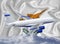 Cyprus flag with white airplane and clouds. The concept of tourist international passenger transportation